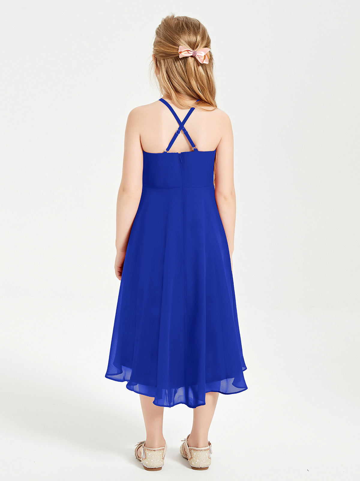 Tea Length Junior Bridesmaid Dresses with Asymmetrical Skirts Royal Blue